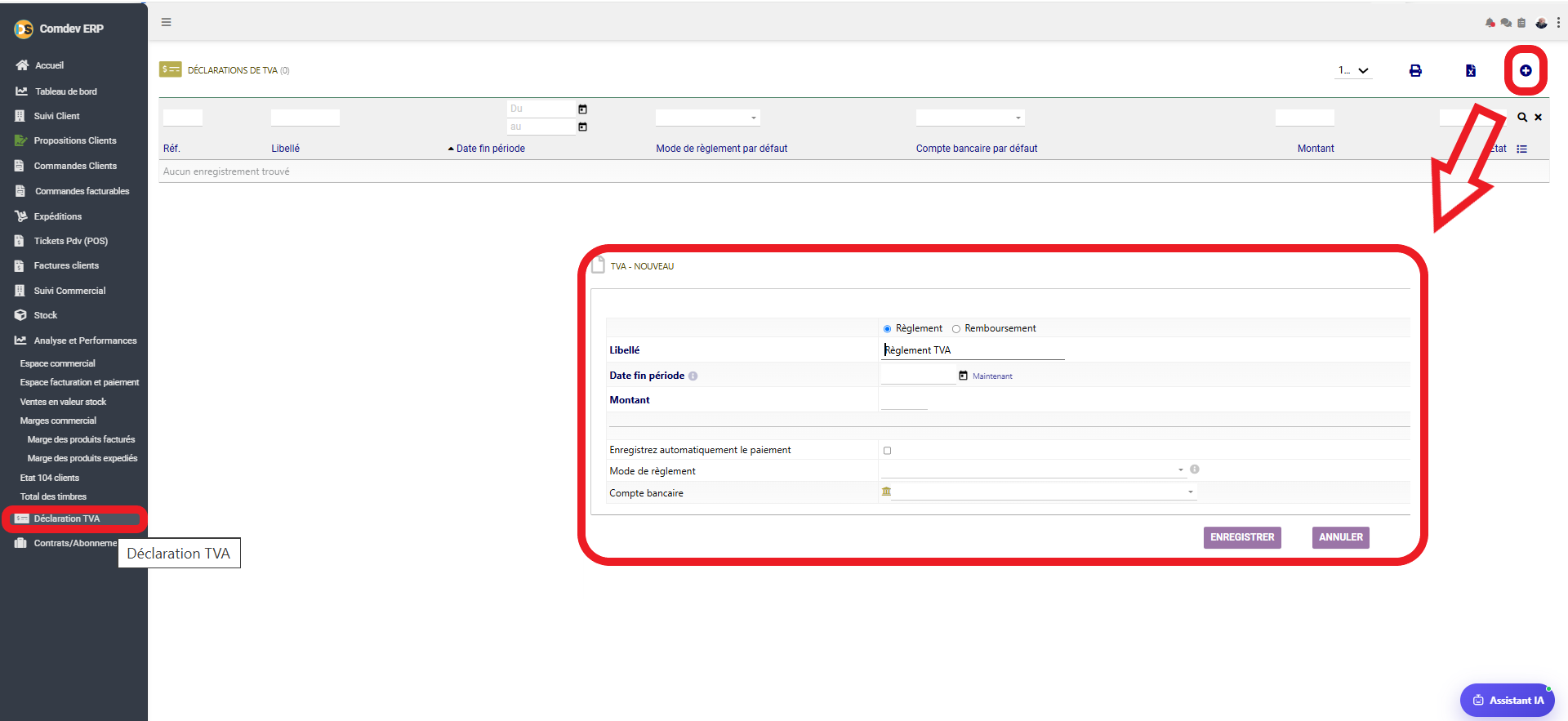 Interface Déclaration TVA Comdev ERP