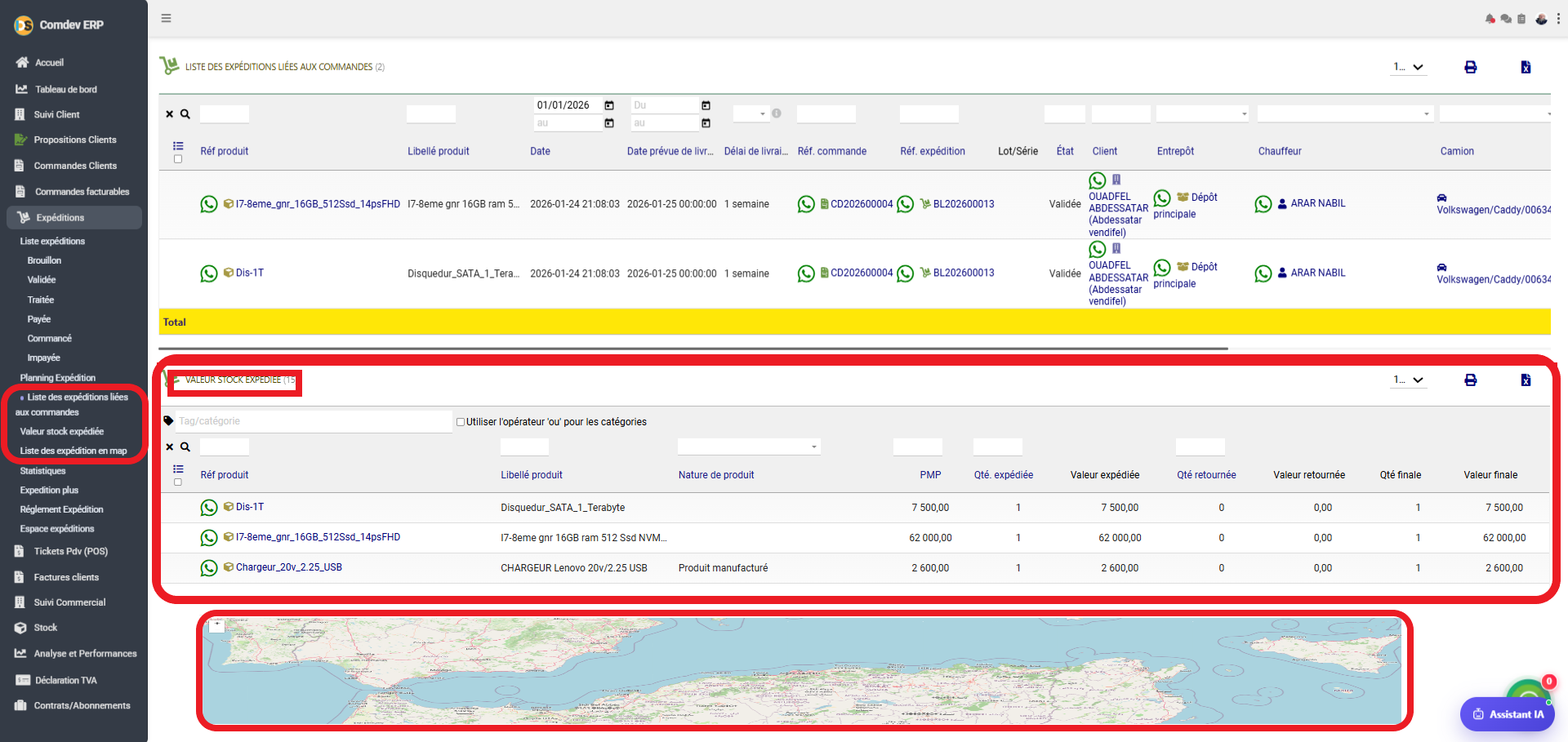 Interface Expéditions Liées, Valeur Stock et Carte Comdev ERP