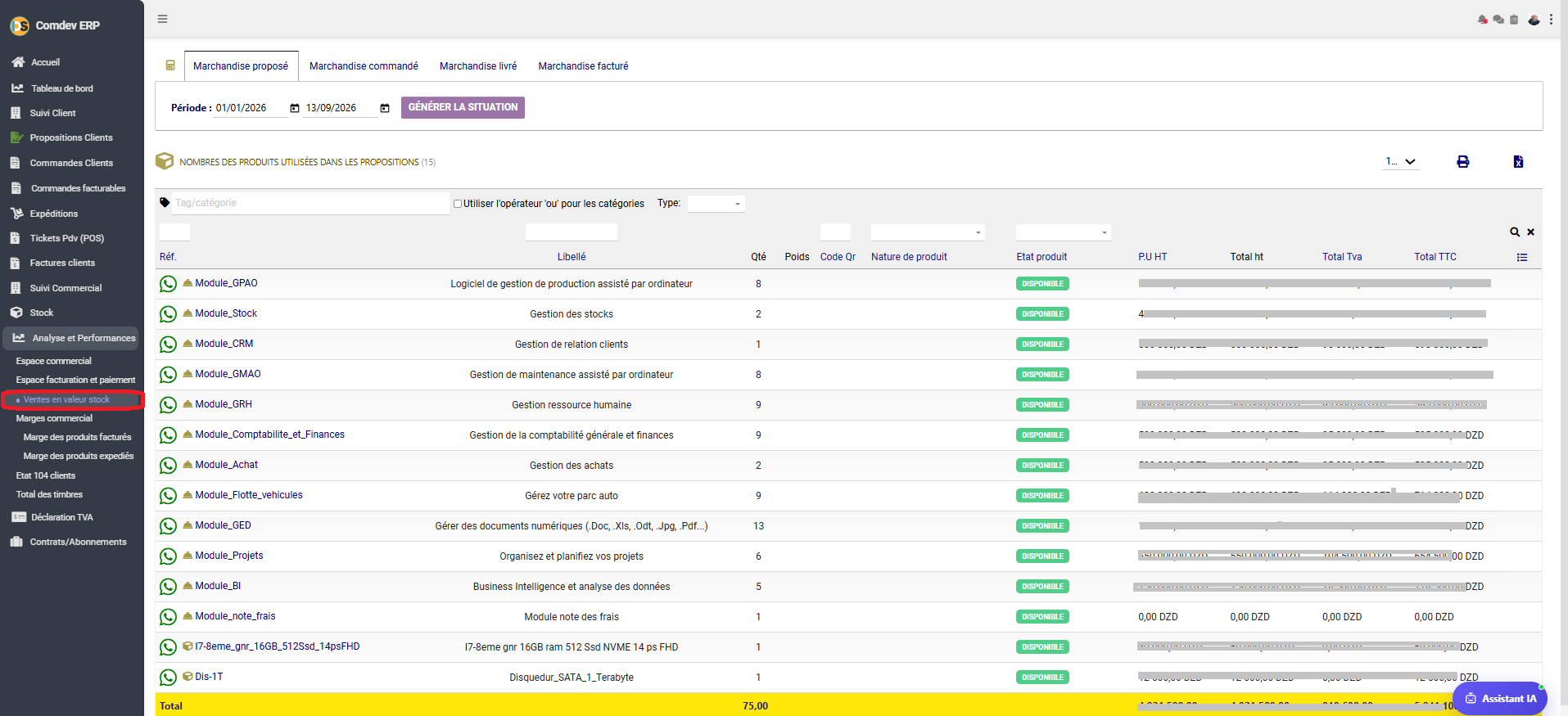 Interface Ventes en Valeur Stock Comdev ERP