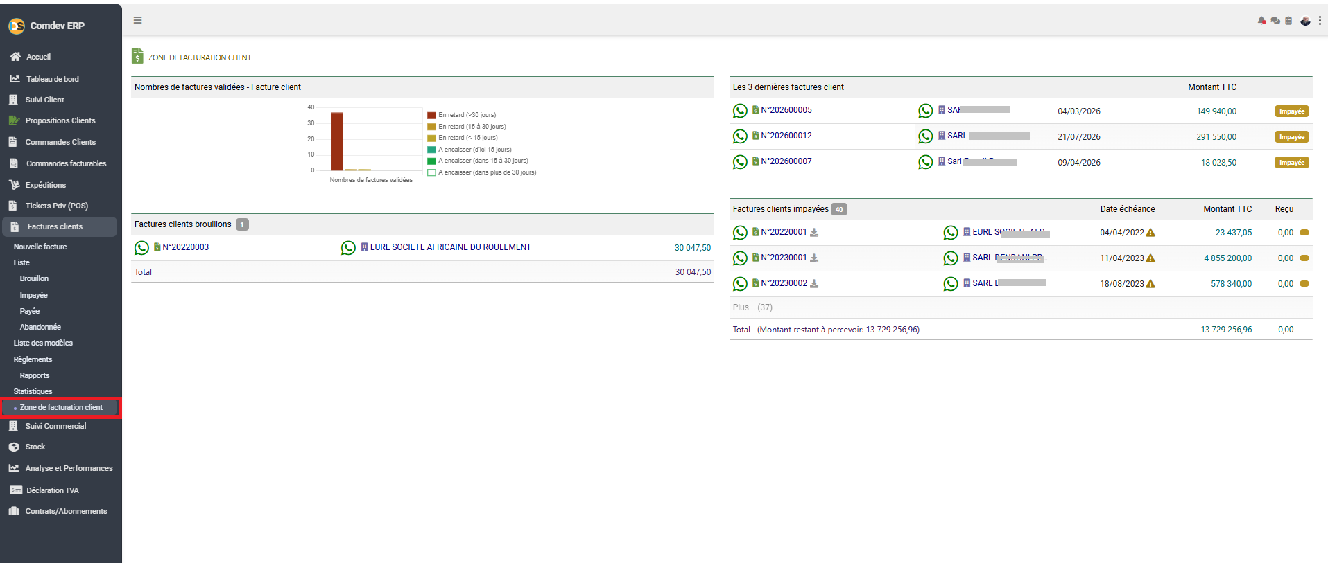 Interface Zone de Facturation Client Comdev ERP